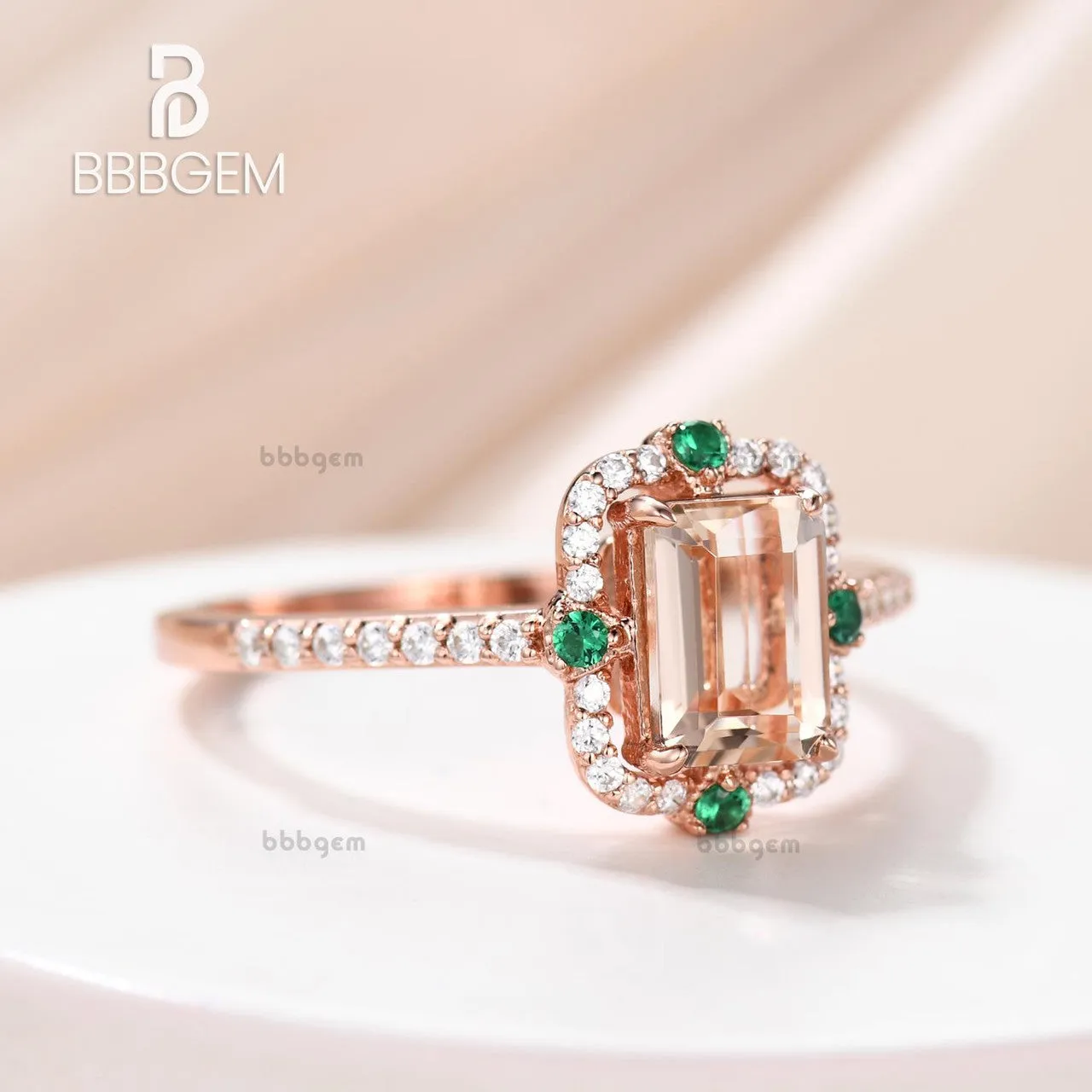 Vintage Emerald Step Cut Peachy Pink Morganite Rose Gold Ststement Ring With 4 Emerald Accents