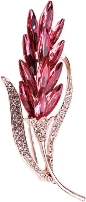 Wheat Crystal Brooches Pins Fashion Beautiful Rhinestone Floral Flower Brooch Party Dance Wedding Banquet for Elegant Women Girl Gold Plated (Pink Red)