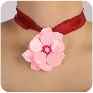 Women Boho Layered Red Flower Necklaces Pink Dainty Flower Layered Choker Necklaces Fashion Love Pendant Multilayer Adjustable Layering Chain Necklaces for Women