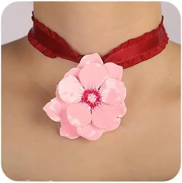 Women Boho Layered Red Flower Necklaces Pink Dainty Flower Layered Choker Necklaces Fashion Love Pendant Multilayer Adjustable Layering Chain Necklaces for Women